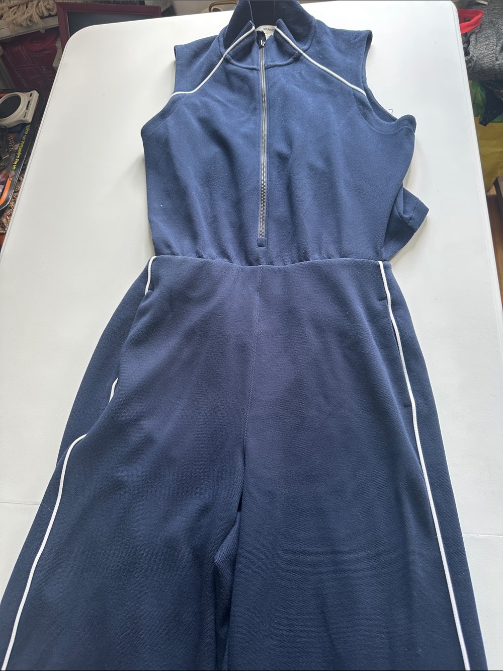 P—Spanx Navy Sleeveless Zipper Jumpsuit with White Piping